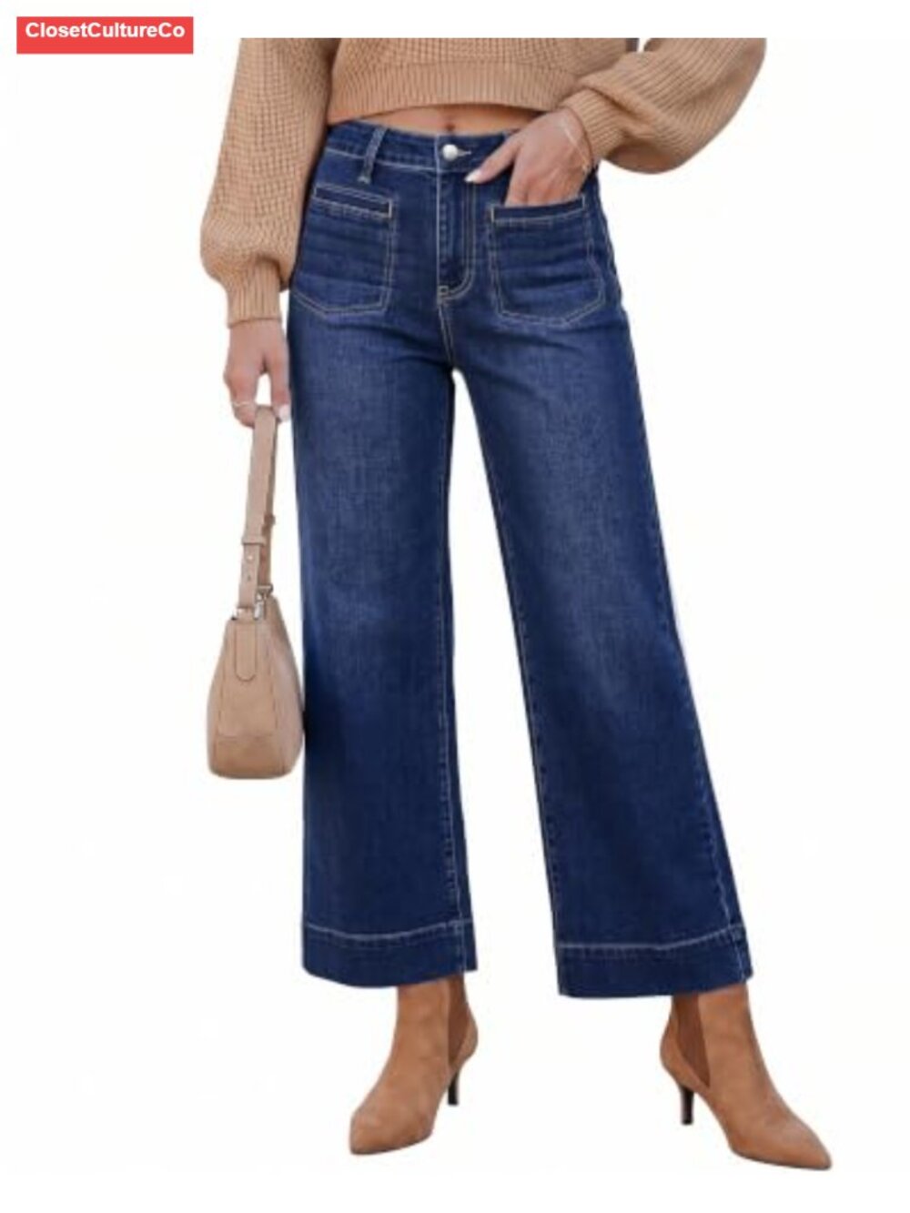 Wide Leg Cropped High Waisted Stretch Denim Jeans Patch Pocket Baggy